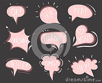 Vector speech clouds. Collection of pink stickers, icons. Vector Illustration