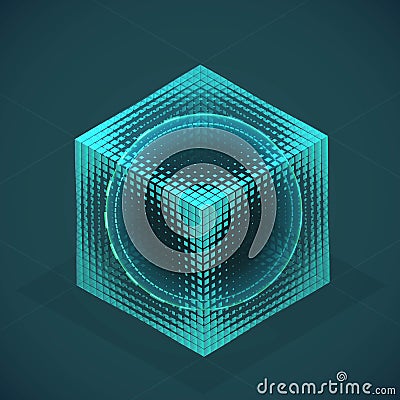 Vector sphere in cube isometric hologram. Abstract geometric flat shape Vector Illustration