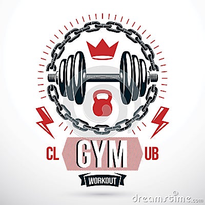 Vector sport equipment, dumbbell with disc weight and kettle bell. Fitness and heavyweight gym sport club emblem template Vector Illustration