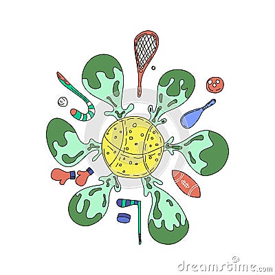 Vector sport equipment illustration. Sports exercises items. Racket and bat for sport game illustration Vector Illustration