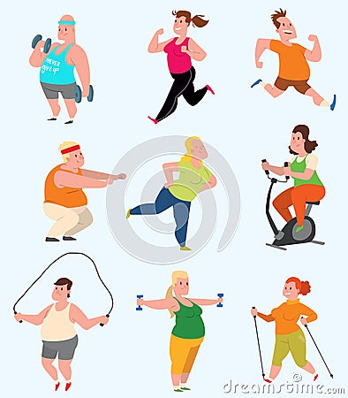 Vector sport fatty people fitness gym color flat icon workout set. Fat people fitness gym fat exercise health workout Vector Illustration