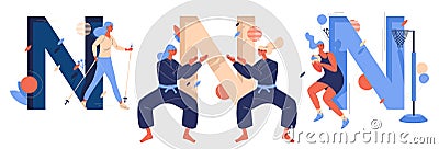 Vector sport letters N collection. Women training nordic walking, netball, ninjutsu fighting sparring. Concept illustrations about Vector Illustration