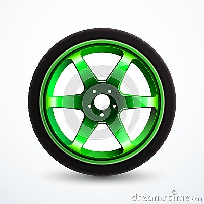 Vector sport wheel with green rim. Car alloy wheel isolated Vector Illustration