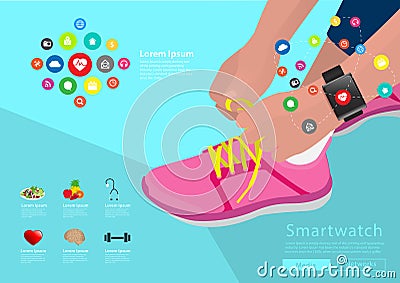 Vector sport woman hand tying shoelaces wearing smartwatch Vector Illustration