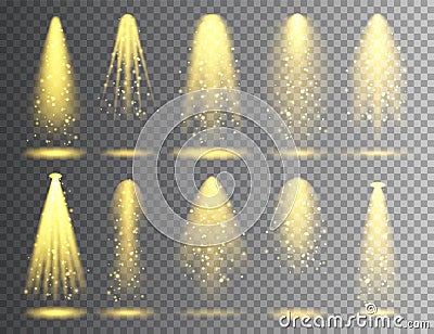 Vector spotlight set. Bright Christmas glowing light beam with sparkles. Transparent realistic glitter effect. Stage Vector Illustration