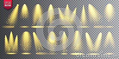 Vector spotlight set. Bright Christmas glowing light beam with sparkles. Transparent realistic glitter effect. Stage Vector Illustration