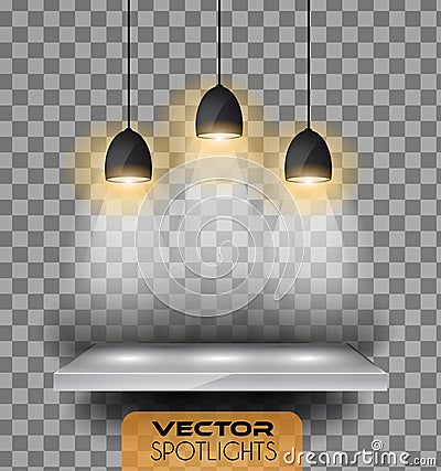 Vector Spotlights scene with different source of lights pointing to the floor or shelf Vector Illustration