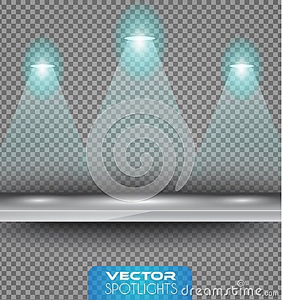 Vector Spotlights scene with different source of lights pointing to the floor or shelf Vector Illustration