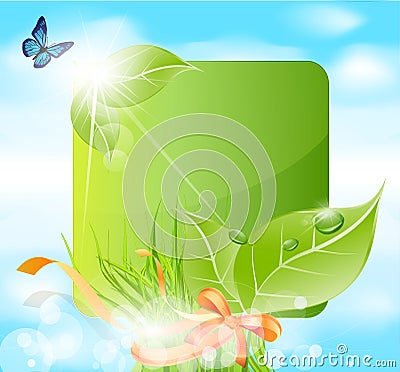 Vector spring banner with leaves, grass Vector Illustration