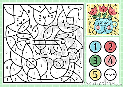 Vector spring garden color by number activity with cute vase with tulips. Easter scene. Black and white counting game with funny Vector Illustration