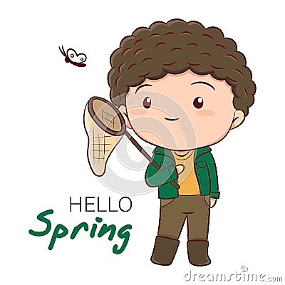 Vector spring illustration of cute boy holding stretchable butterfly net and looking butterfly, Spring hand drawn Vector Illustration