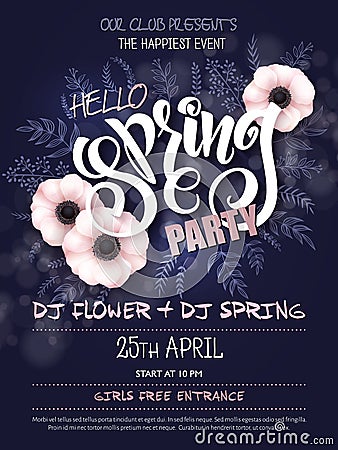 Vector spring party poster with lettering, anemone flowers, doodle branches and luminosity flares Vector Illustration