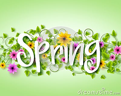 Vector Spring Text Design with Colorful Realistic Elements Vector Illustration