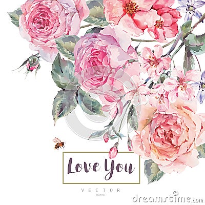 Vector spring vintage floral greeting card with bouquet of roses Vector Illustration
