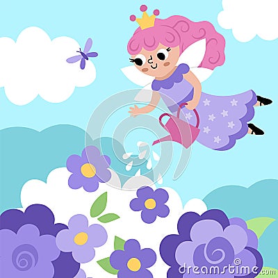 Vector square background with flying fairy princess watering purple flowers under clouds, sun. Magic or fantasy world scene. Vector Illustration