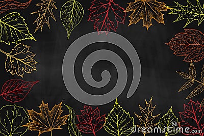 Vector square frame with autumn leaves on black chalkboard. fall background on blackboard. Autumn banner, poster flyer Vector Illustration