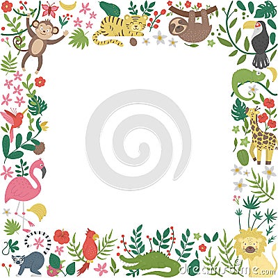 Vector square frame with cute exotic animals, leaves, flowers, fruits isolated on white background. Funny banner design with Vector Illustration