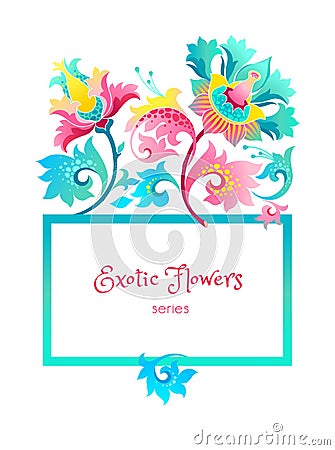 Vector square frame with exotic flowers. Vector Illustration