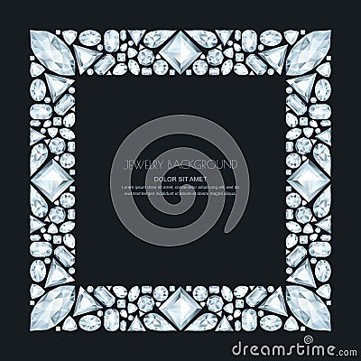 Vector square frame from realistic silver gems and jewels on black background. Shiny diamonds jewelry design elements. Vector Illustration