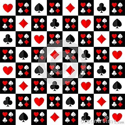 Vector square game seamless pattern with card suits of cards on the chessboard. Vector Illustration