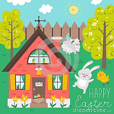 Vector square happy Easter greeting card template with bunny, chick and sheep. Garden scene with cute country house and animals. Vector Illustration