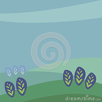 Vector square illustration drawing green gradient leaves of plants sprouts in ears against the background of the blue area grow on Vector Illustration