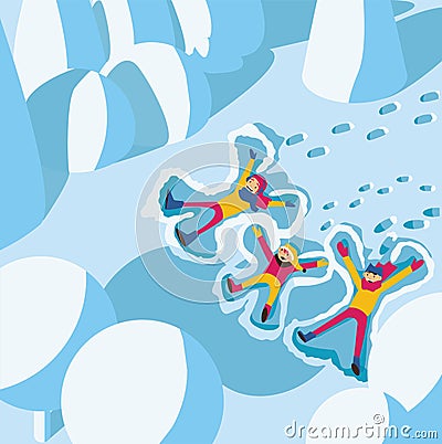 Vector square illustration with people making snow angels. Happy family among trees and snowdrifts. Cartoon Illustration