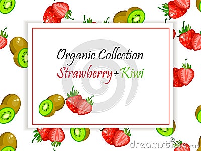 Vector square label, strawberry and kiwi jam or juice Vector Illustration