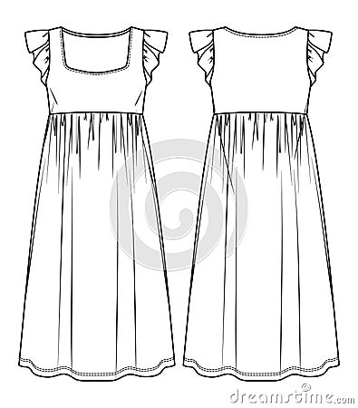Vector square neck long dress with frills Vector Illustration