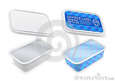 Vector square plastic container covered with foil and labeled. Vector Illustration