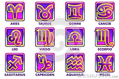 Vector square purple astrology Signs, 12 Zodiac symbols. App icons for Ui Vector Illustration