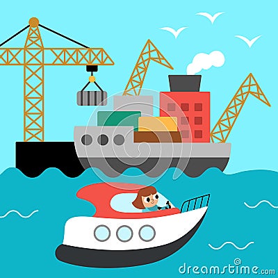 Vector square scene with girl sailing on speedboat and seaport. Transportation illustration. Cute kid driving transport. Water Vector Illustration