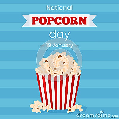 Vector square template banner National Popcorn day 19 January. Greeting card illustration with popcorn bucket on blue Vector Illustration