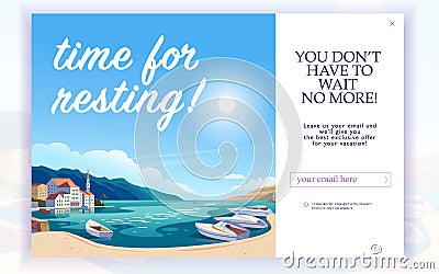 Vector squeeze page design template with beautiful flat europe harbour landscape illustration and email text box. Vector Illustration