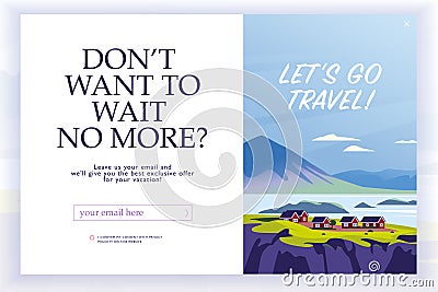 Vector squeeze page design template with beautiful flat landscape illustration and email text box. Vector Illustration