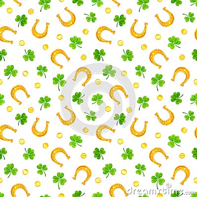 St. Patrick`s day seamless pattern with shamrock, gold coins and horseshoes. Vector illustration. Vector Illustration