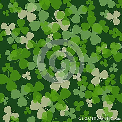 Vector St Patrick's day seamless pattern. Green and white clover leaves on dark background. Vector Illustration