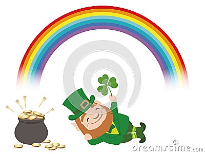 Vector St. Patrick’s Day Symbol Illustration With A Leprechaun, A Rainbow, And A Pot Of Gold. Vector Illustration