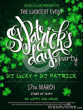 Vector st Patricks day party poster with lettering, clover leaf and branches Vector Illustration