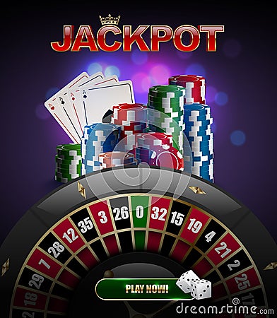 Vector stacks of red, blue, green casino chips top side view, playing cards poker four aces, jackpot glossy text, black roulette Vector Illustration