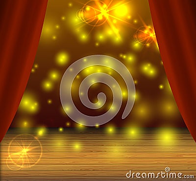 Vector Stage Background, Magical Light Spots, Shine Effect, Theater Curtains. Vector Illustration