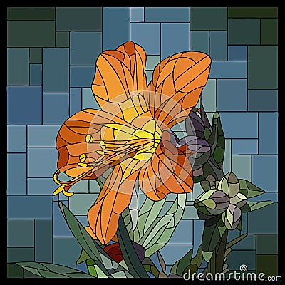 Vector stained glass window with blooming orange cyanosis. Vector Illustration