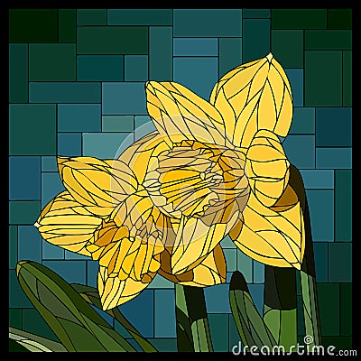 Vector stained glass window with blooming two narcissus flowers. Vector Illustration