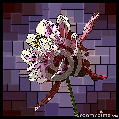 Vector stained glass window with blooming violet aquilegia. Vector Illustration