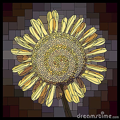 Vector stained glass window with blooming yellow chamomile Vector Illustration