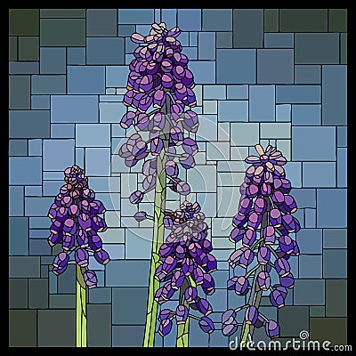 Vector stained glass window with purple muscari. Vector Illustration