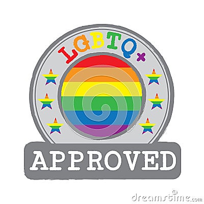 Vector Stamp of Approved logo with LGBTQ+ Flag in the round shape on the center Vector Illustration