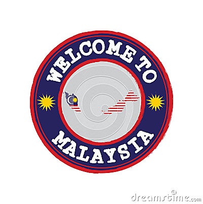 Vector Stamp of welcome to Malaysia with nation flag on map outline in the center Vector Illustration