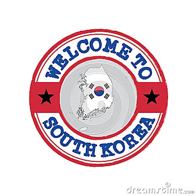Vector stamp of welcome to South Korea with map outline of the nation in center Vector Illustration