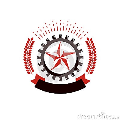 Vector star logo composed using laurel wreath and surrounded by industry gearwheel. Empire of evil, dictatorship and manipulation Vector Illustration